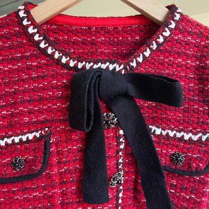 Maje-style tweed cropped knit cardigan in red
